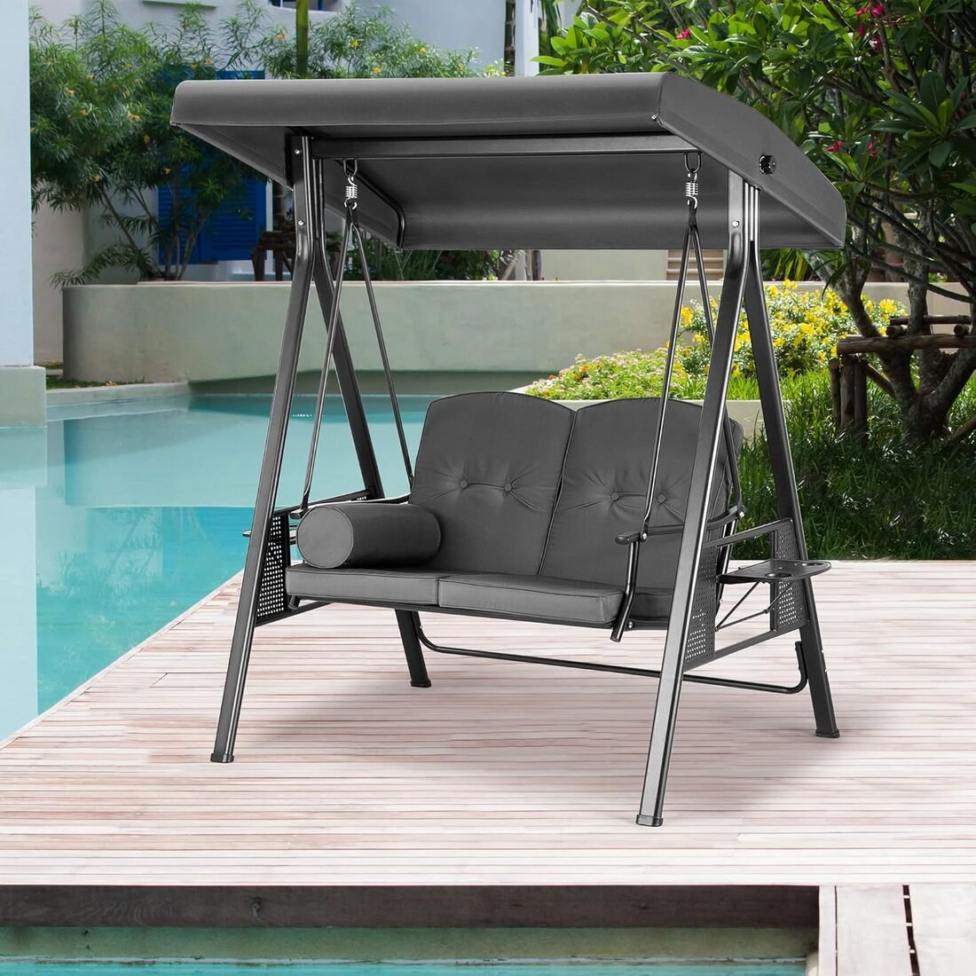 Pamapic 2-Seat Patio Swing Chair with Stand & Adjustable Canopy