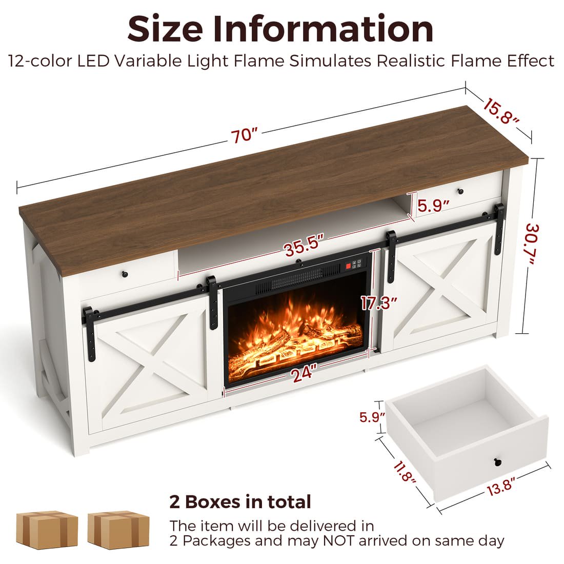 Pamapic 3-Sided Electric Fireplace TV Stand, Farmhouse Entertainment Center with 36" LED Fireplace & Glass Doors for Living Room