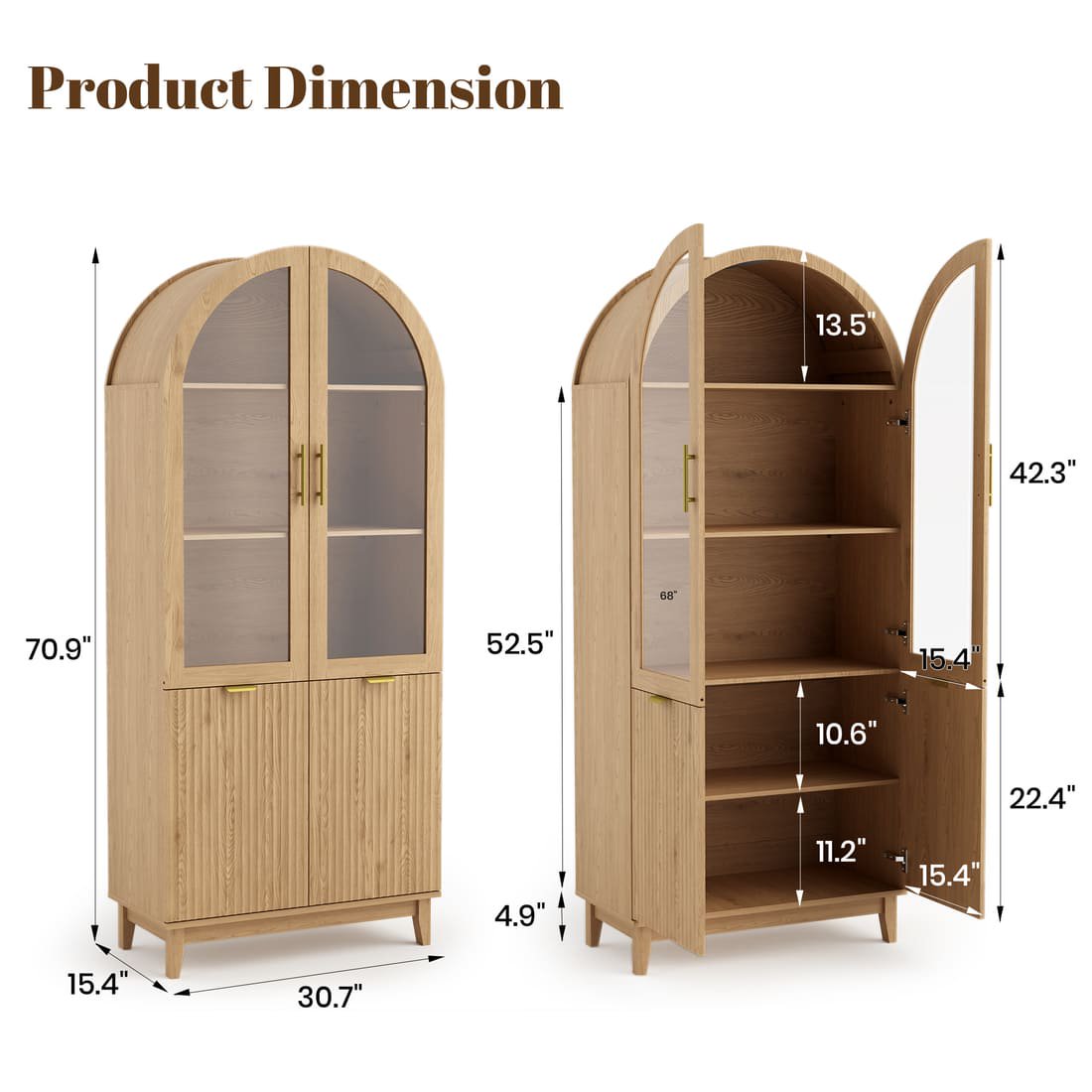Pamapic Modern Farmhouse Arched Cabinet with Glass Doors & Adjustable Shelves