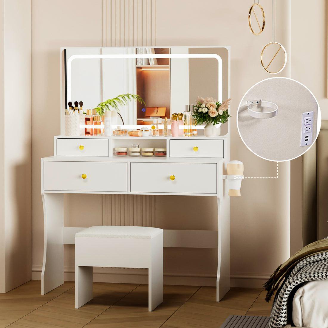 Pamapic 31.5" Vanity Desk with Hidden Storage Stool & 4 Drawers