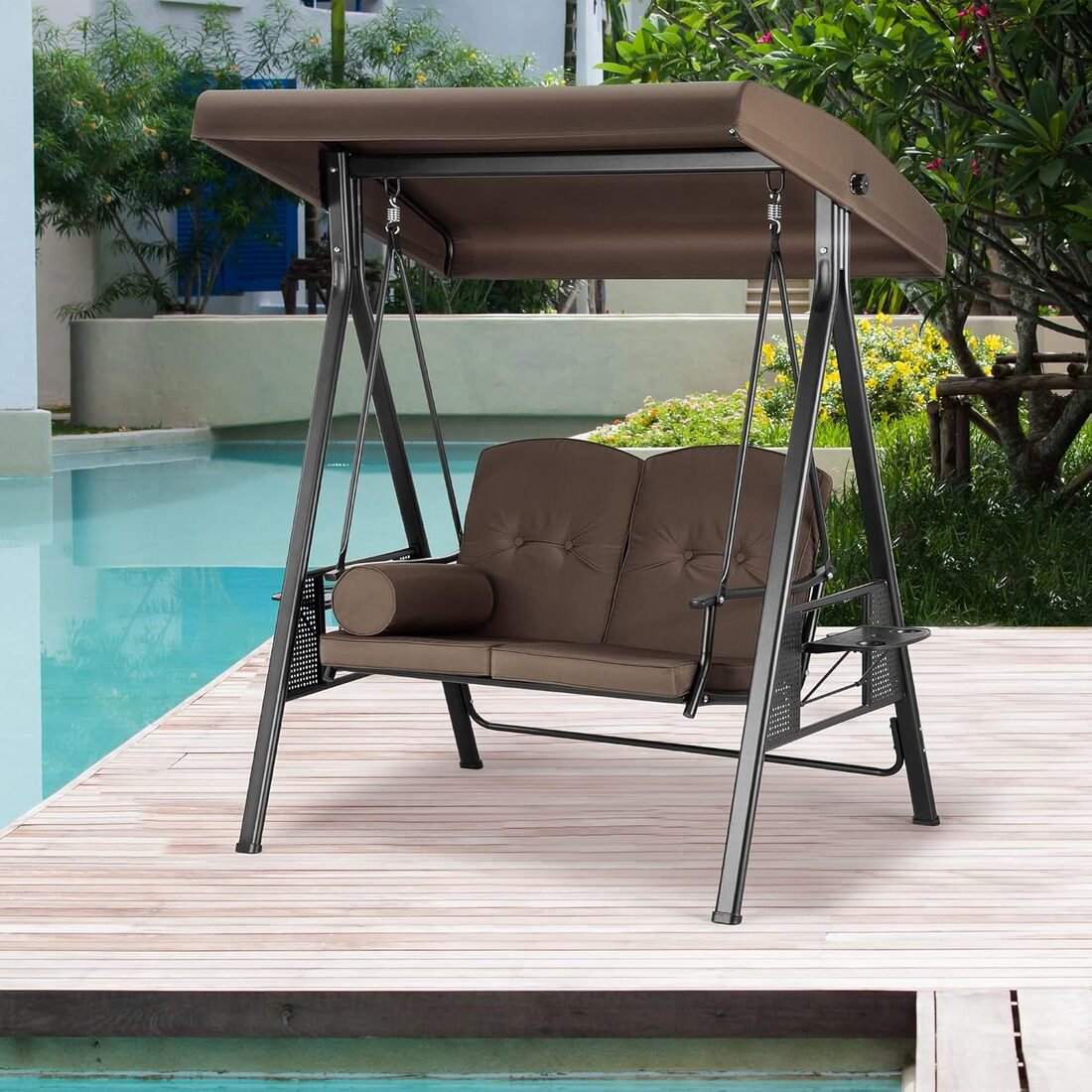 Pamapic 2-Seat Patio Swing Chair with Stand & Adjustable Canopy