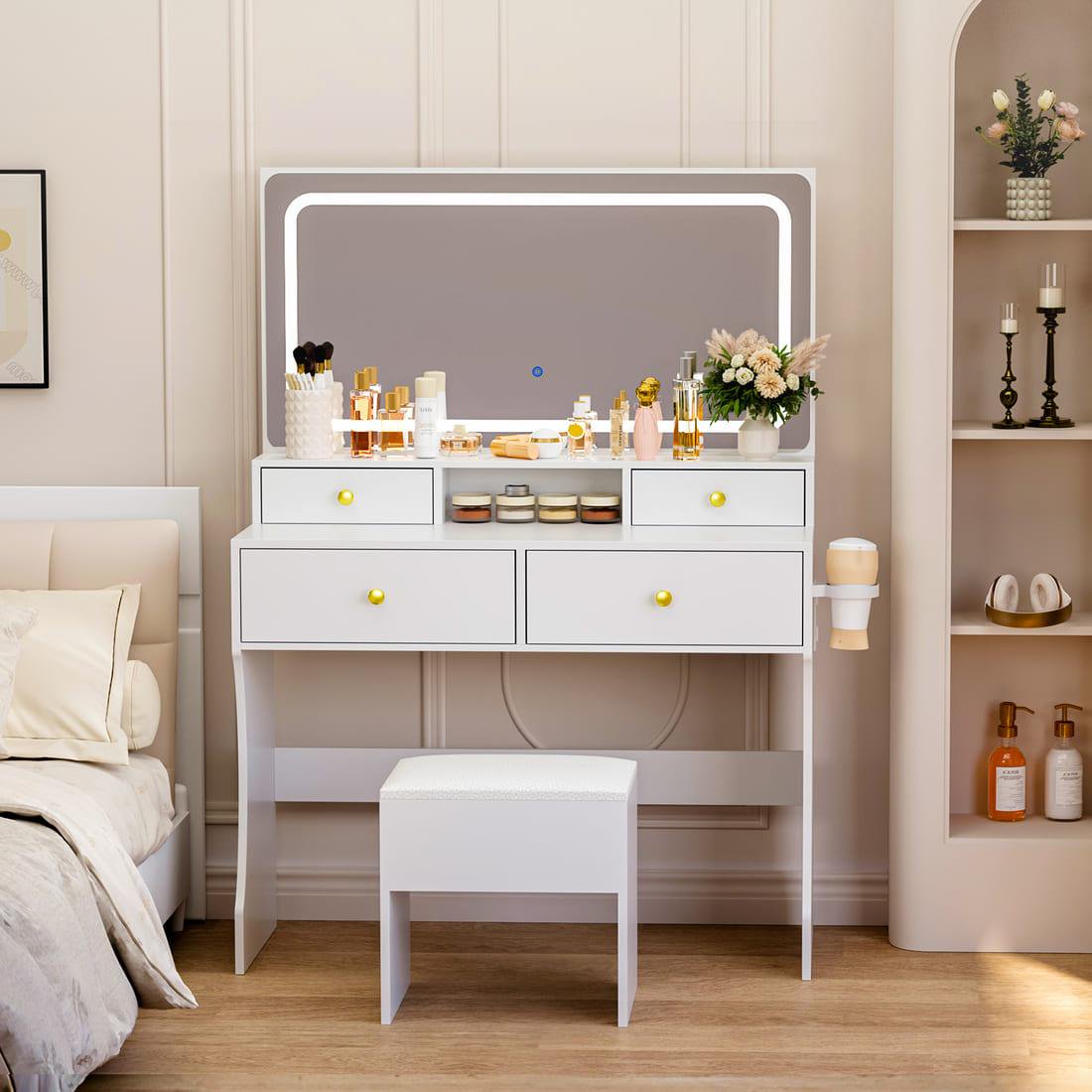 Pamapic 31.5" Vanity Desk with Hidden Storage Stool & 4 Drawers