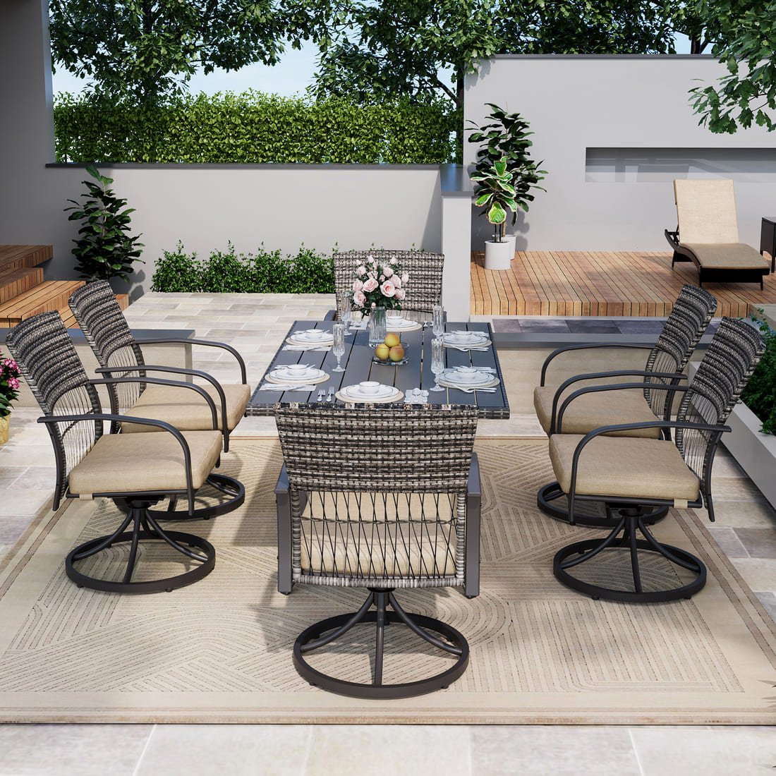 Pamapic Dining Table with 6 Swivel Chairs (7 Pieces)
