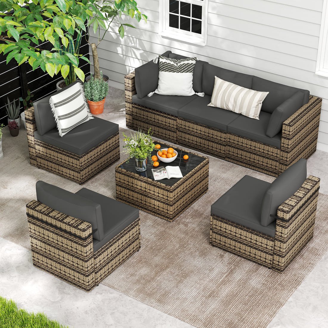Pamapic 7-Piece Rattan Outdoor Sectional Sofa Set for Poolside, Backyard, Deck