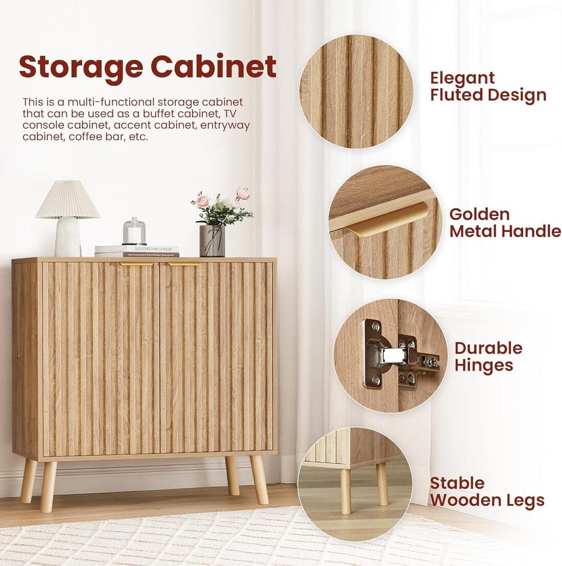 Pamapic Fluted Sideboard Cabinet with Adjustable Shelves for Living Room, Hallway, Entryway, Dining Room