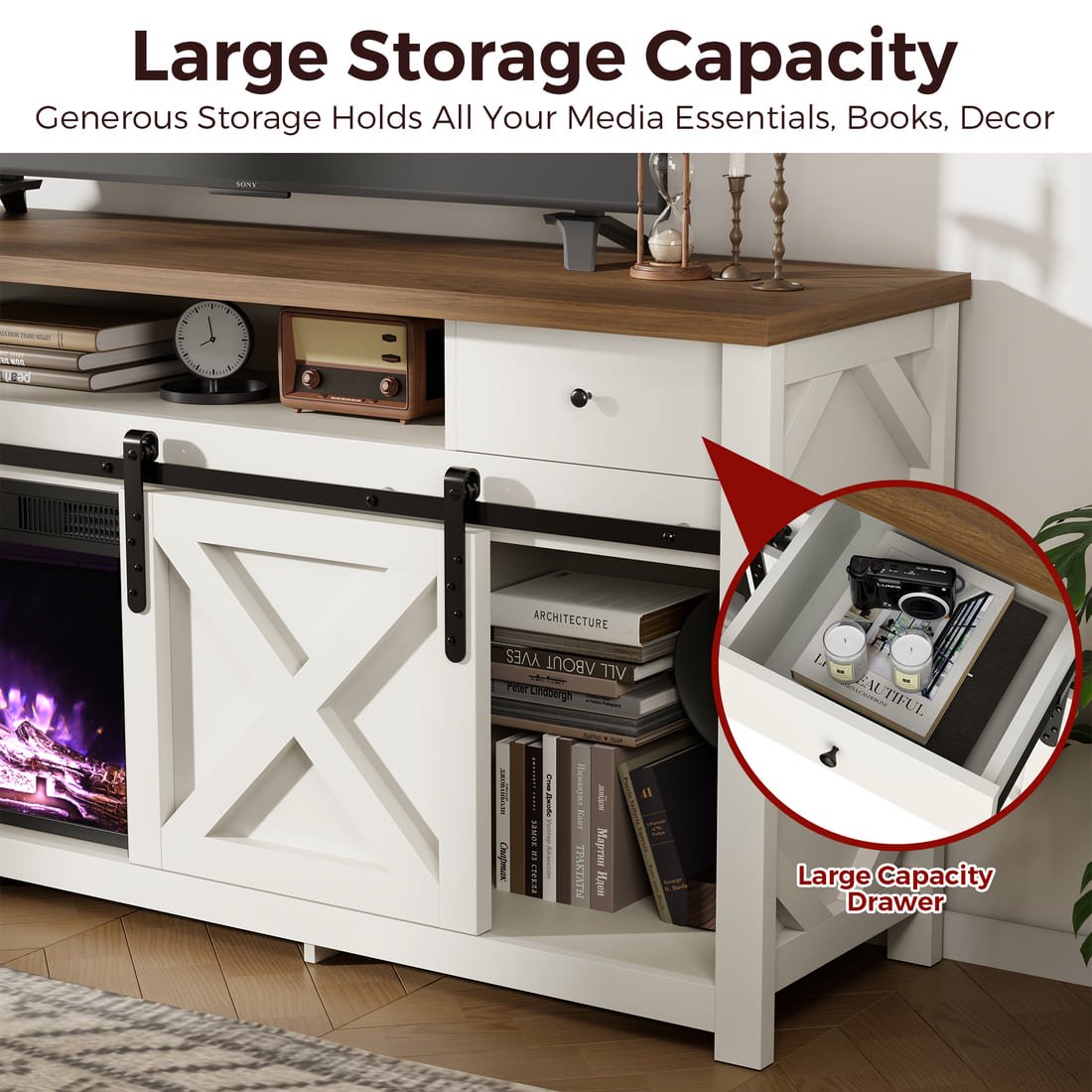 Pamapic 3-Sided Electric Fireplace TV Stand, Farmhouse Entertainment Center with 36" LED Fireplace & Glass Doors for Living Room