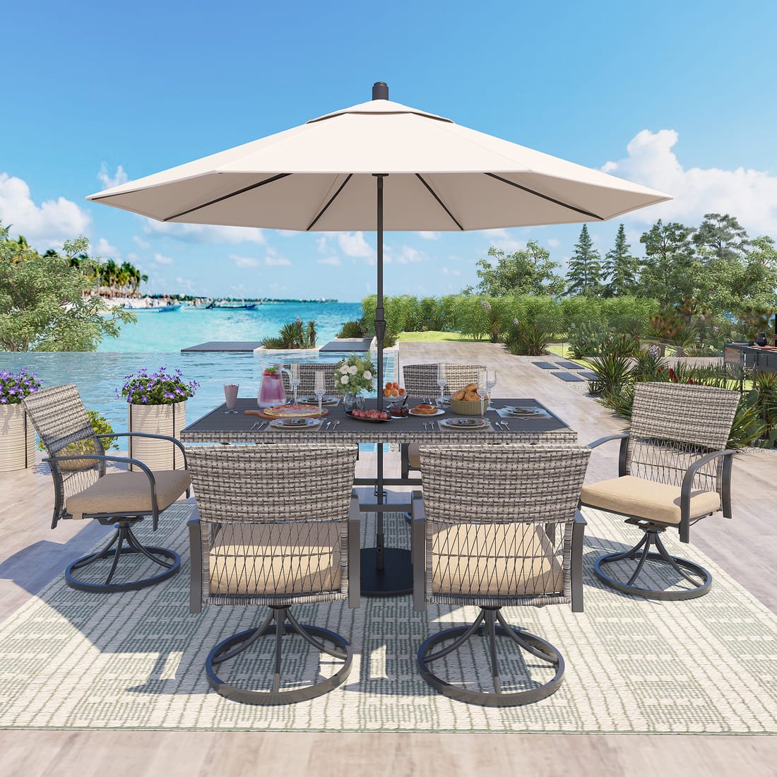 Pamapic Dining Table with 6 Swivel Chairs (7 Pieces)