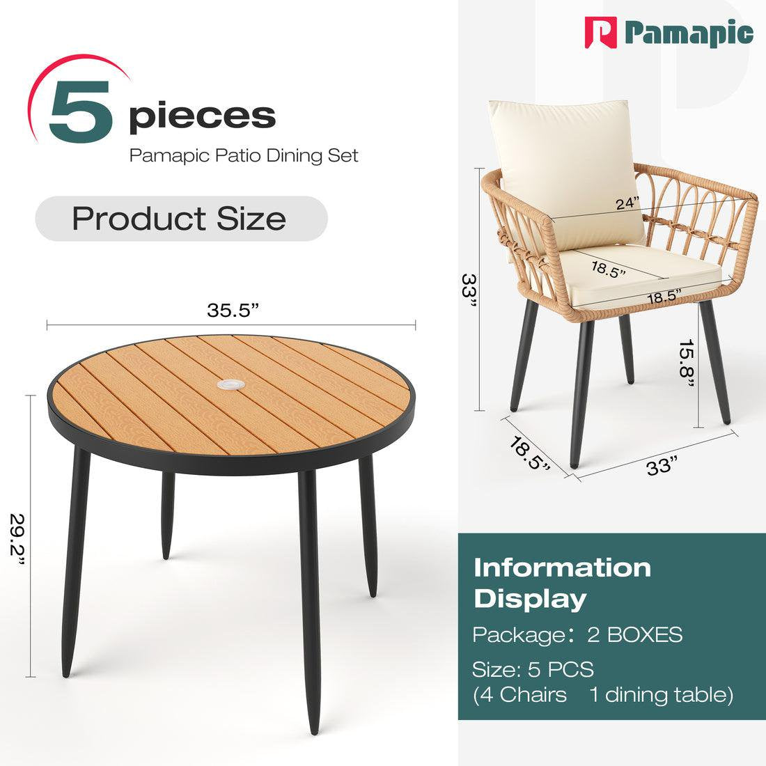 Pamapic Patio Round Dining Set with Wood Table Top & Wicker Rattan Chairs