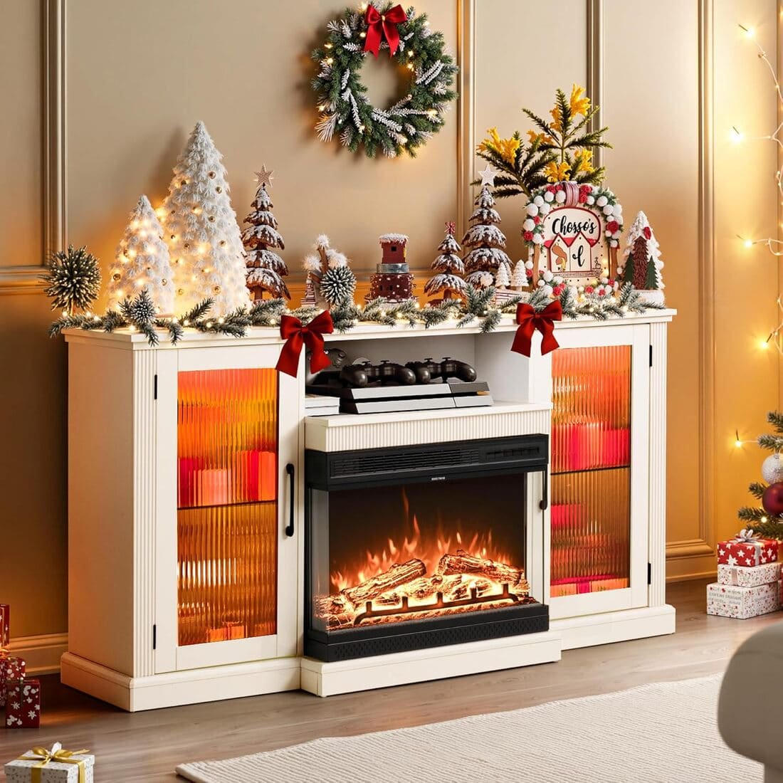 Pamapic 3-Sided Electric Fireplace TV Stand, Farmhouse Entertainment Center with 36" LED Fireplace & Glass Doors for Living Room