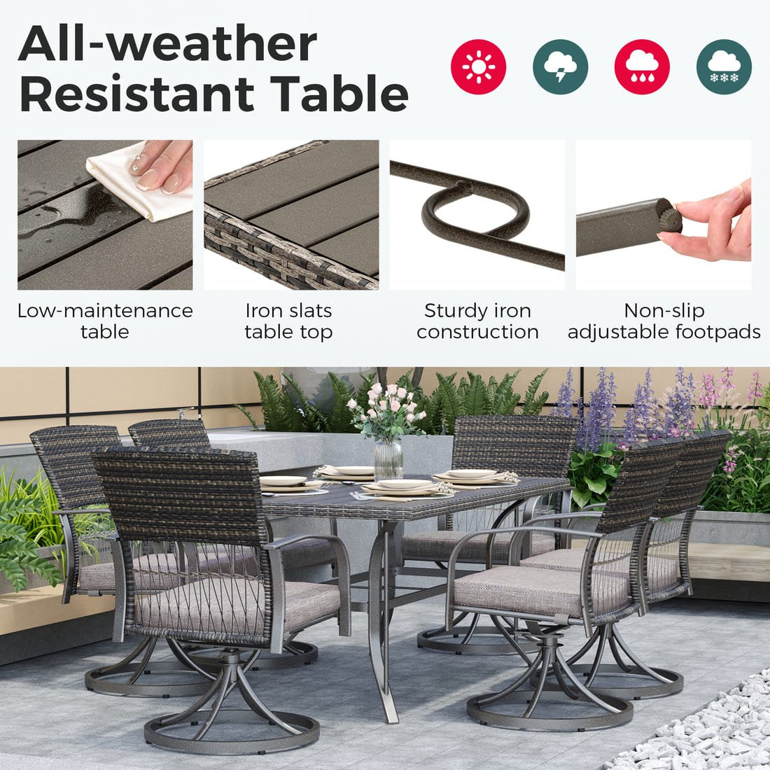 Pamapic Dining Table with 6 Swivel Chairs (7 Pieces)
