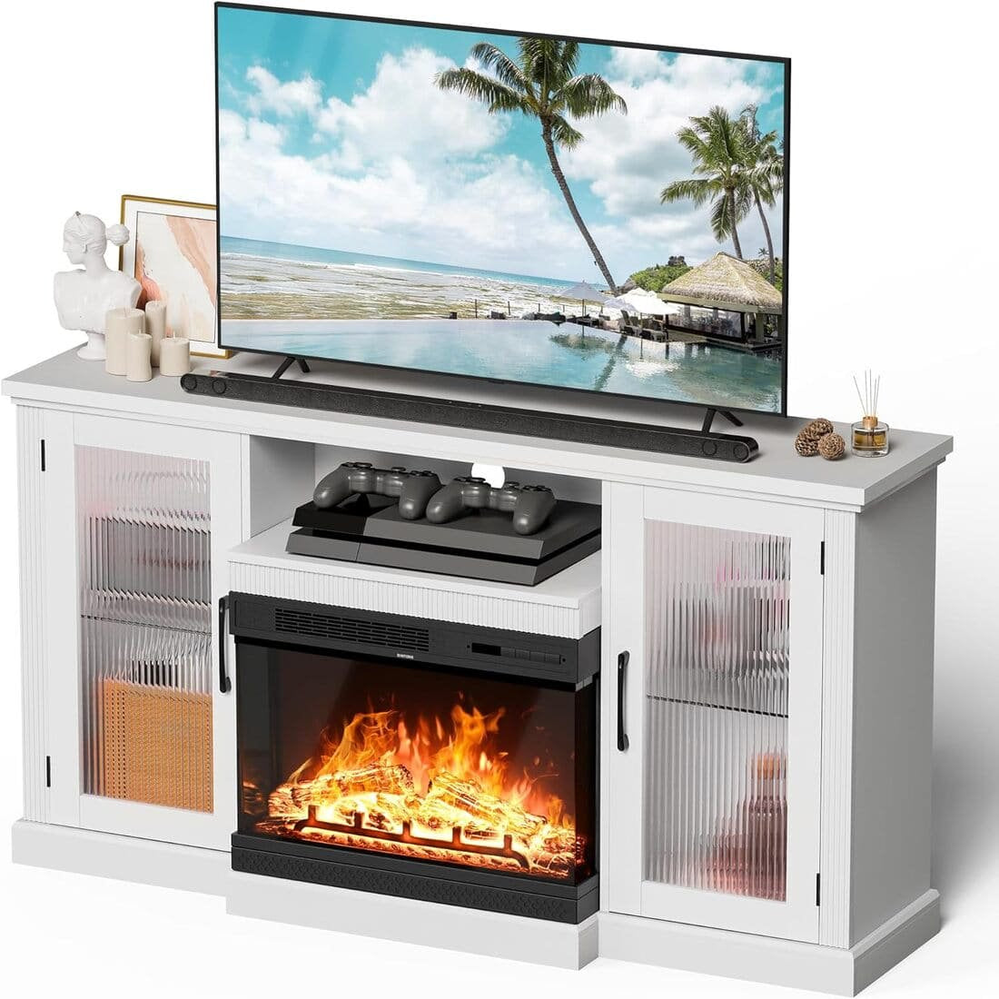 Pamapic 3-Sided Electric Fireplace TV Stand, Farmhouse Entertainment Center with 36" LED Fireplace & Glass Doors for Living Room