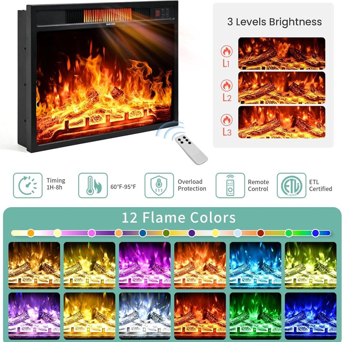 Pamapic 70" Farmhouse Fireplace TV Stand for Living Room, Entertainment Center with Cabinet and Shelves