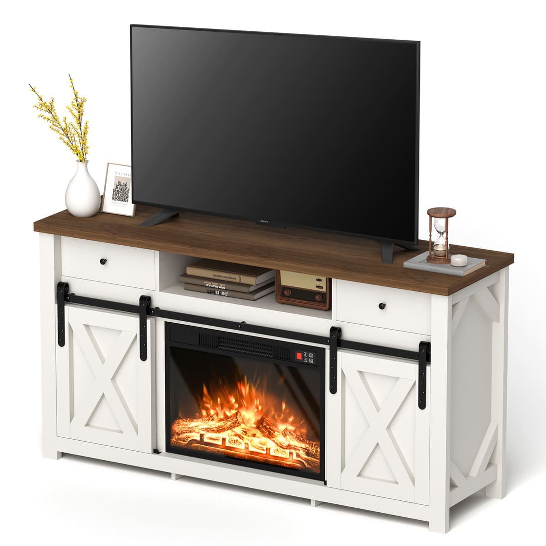 Pamapic 3-Sided Electric Fireplace TV Stand, Farmhouse Entertainment Center with 36" LED Fireplace & Glass Doors for Living Room