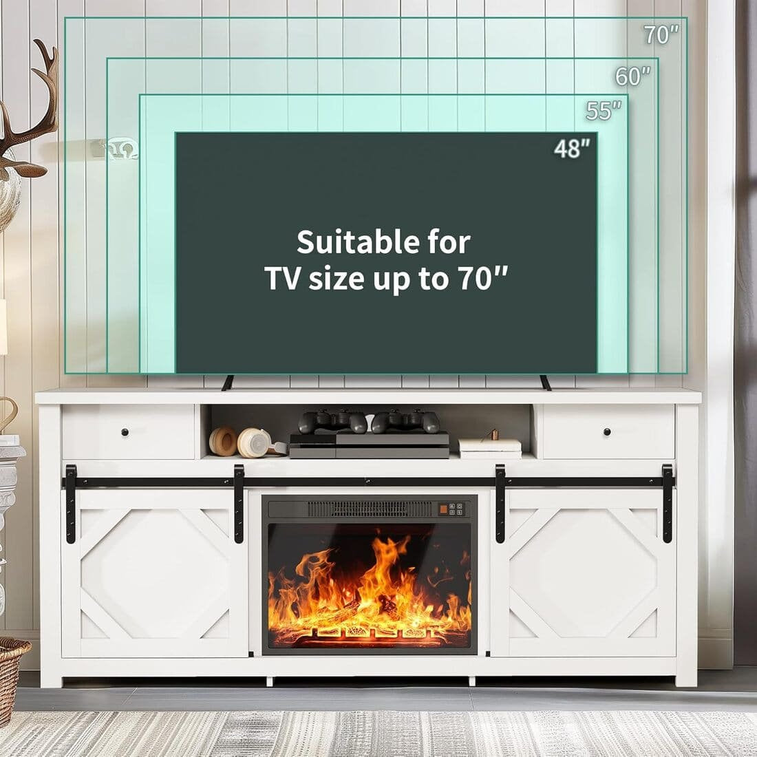 Pamapic 70" Farmhouse Fireplace TV Stand for Living Room, Entertainment Center with Cabinet and Shelves