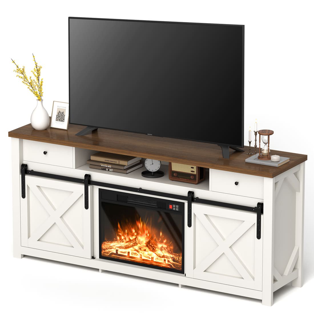 Pamapic 3-Sided Electric Fireplace TV Stand, Farmhouse Entertainment Center with 36" LED Fireplace & Glass Doors for Living Room