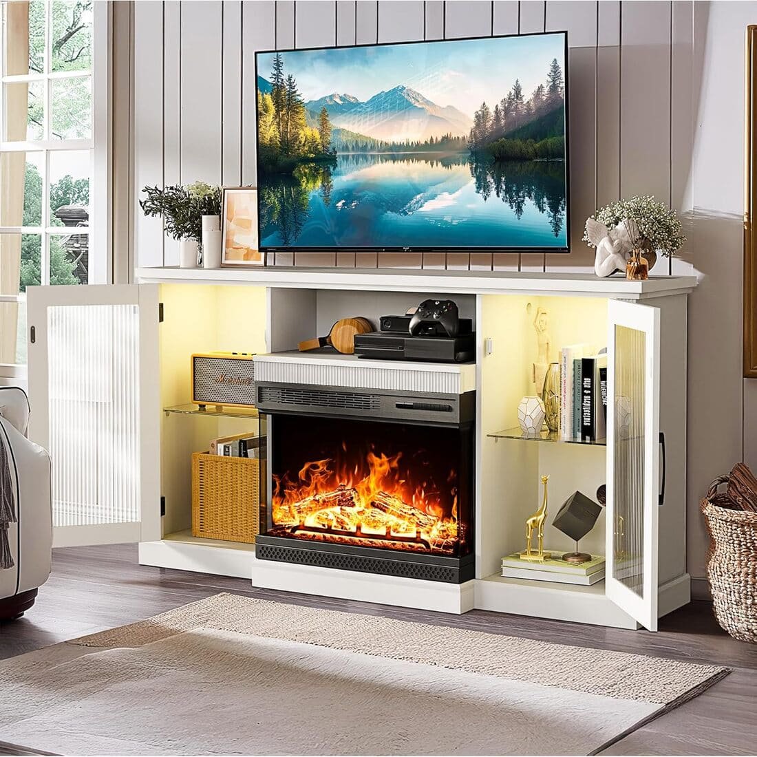 Pamapic 3-Sided Electric Fireplace TV Stand, Farmhouse Entertainment Center with 36" LED Fireplace & Glass Doors for Living Room