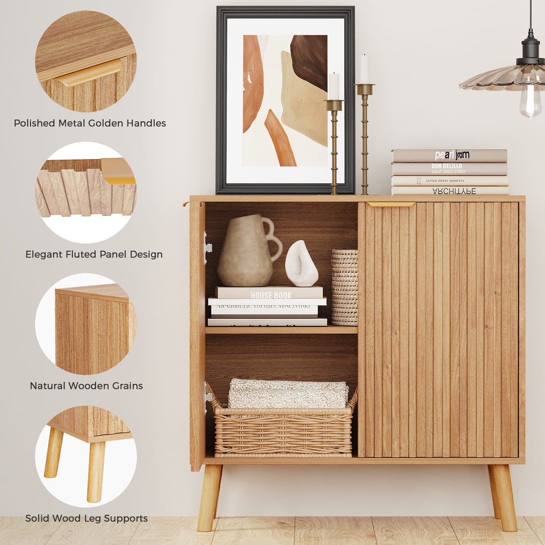 Pamapic Fluted Sideboard Cabinet with Adjustable Shelves for Living Room, Hallway, Entryway, Dining Room