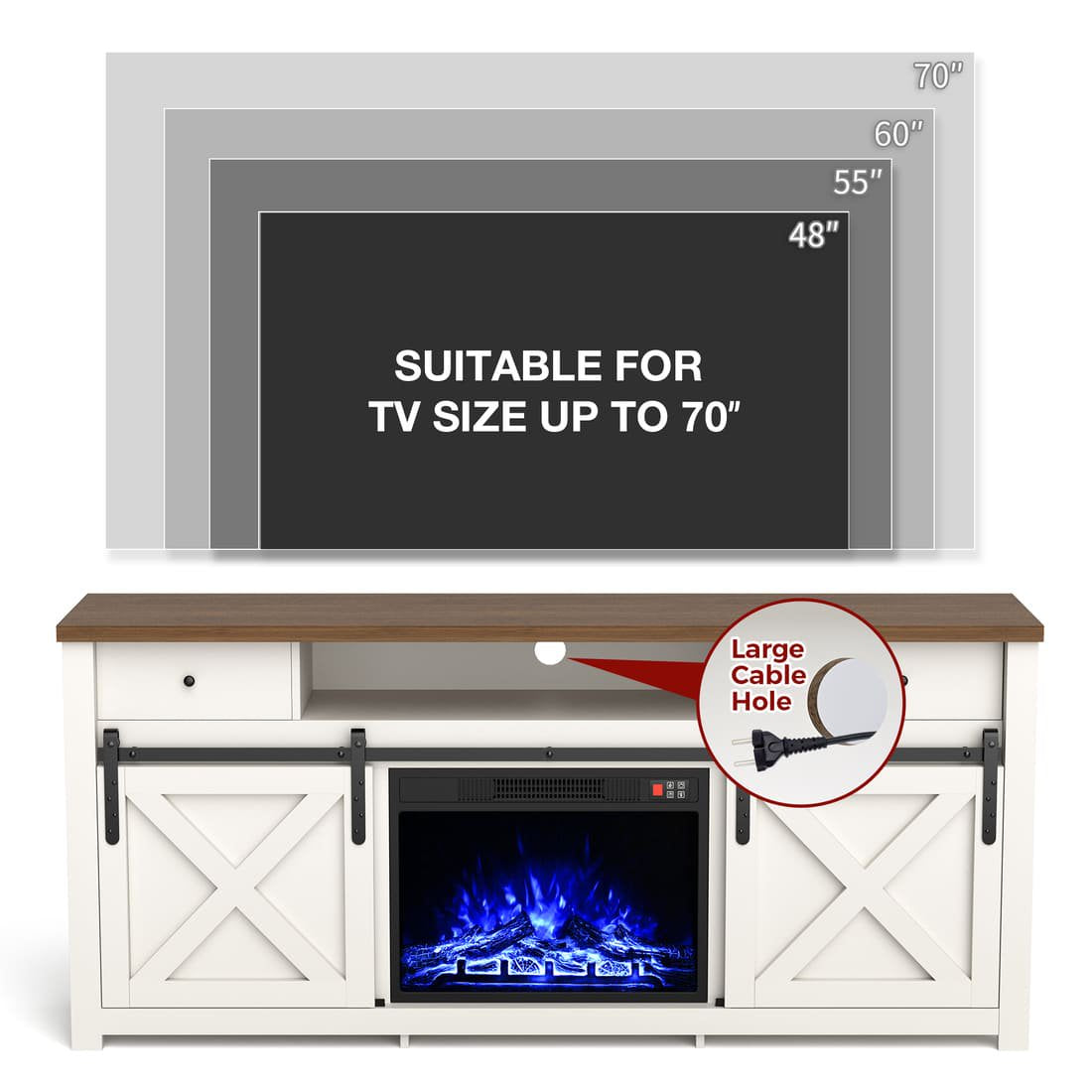 Pamapic 3-Sided Electric Fireplace TV Stand, Farmhouse Entertainment Center with 36" LED Fireplace & Glass Doors for Living Room