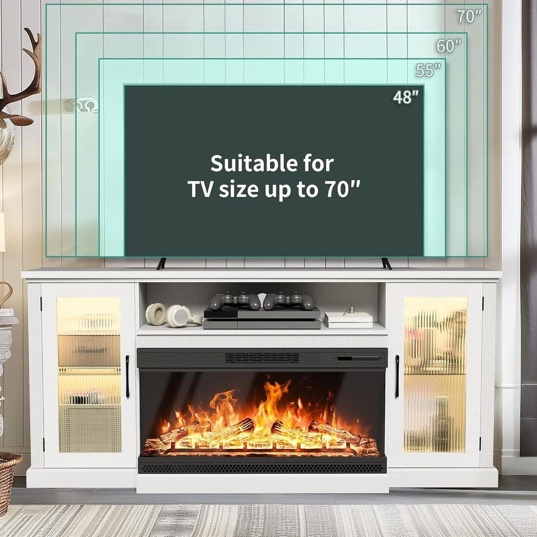 Pamapic 3-Sided Electric Fireplace TV Stand, Farmhouse Entertainment Center with 36" LED Fireplace & Glass Doors for Living Room