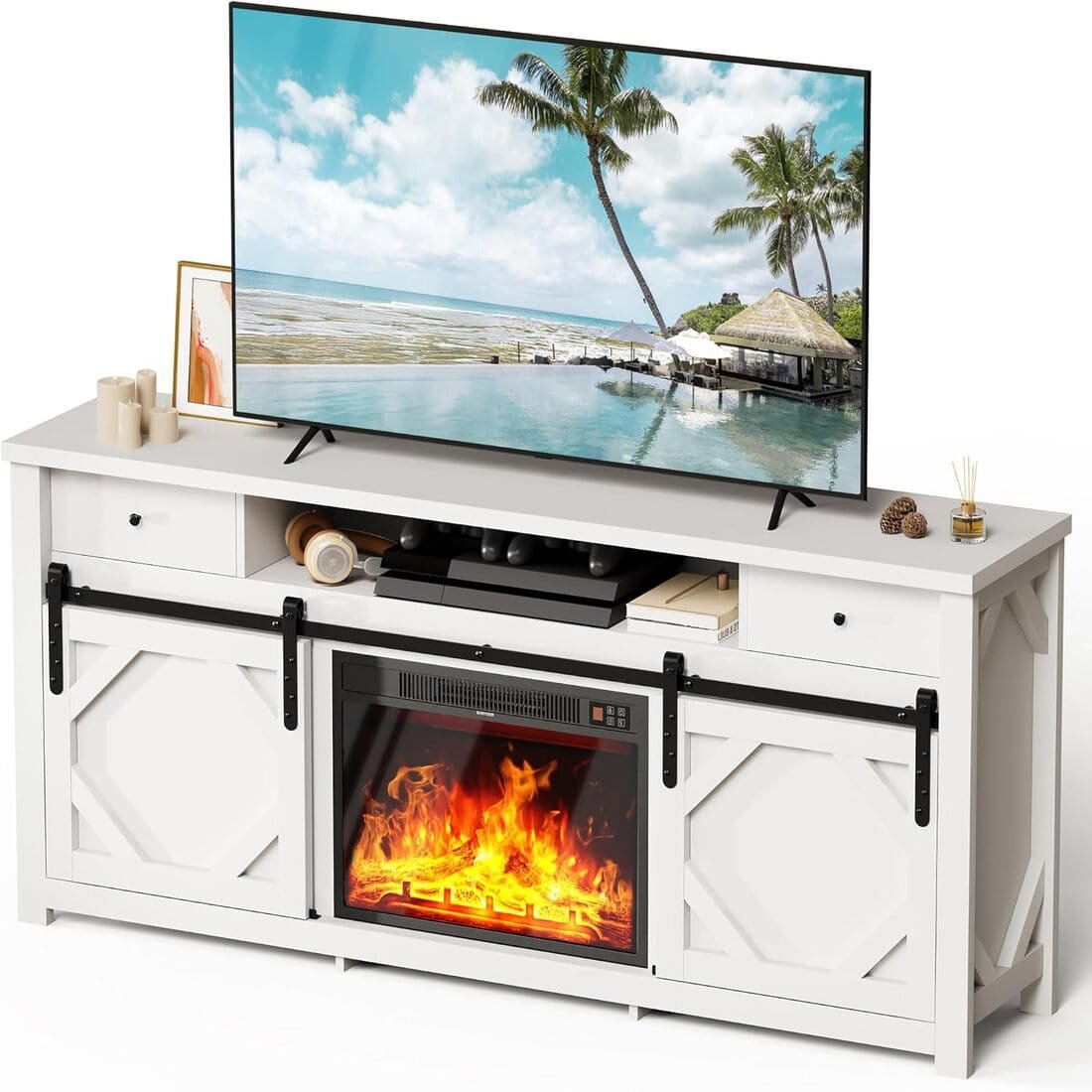 Pamapic 3-Sided Electric Fireplace TV Stand, Farmhouse Entertainment Center with 36" LED Fireplace & Glass Doors for Living Room