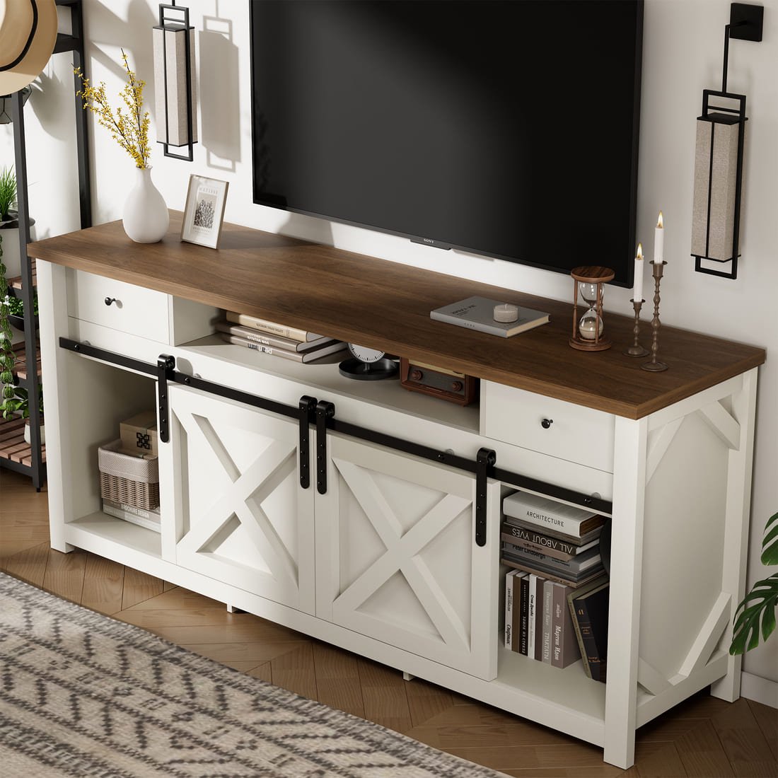 Pamapic 3-Sided Electric Fireplace TV Stand, Farmhouse Entertainment Center with 36" LED Fireplace & Glass Doors for Living Room