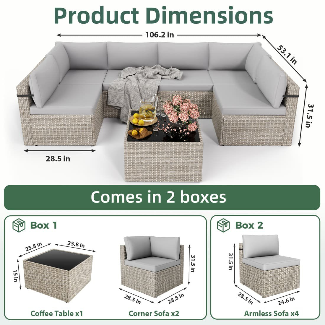 Pamapic 7-Piece Rattan Outdoor Sectional Sofa Set for Poolside, Backyard, Deck