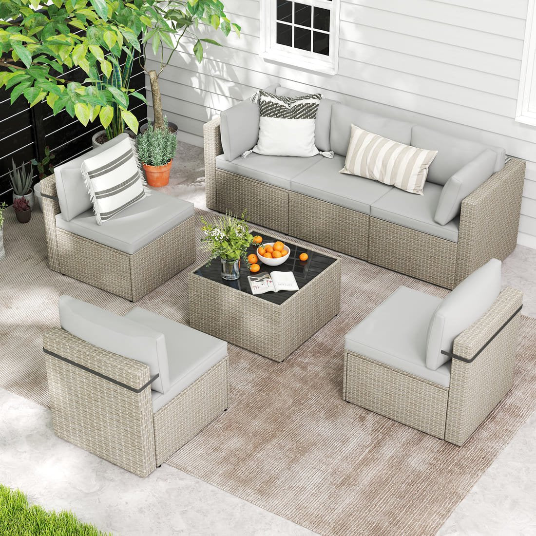Pamapic 7-Piece Rattan Outdoor Sectional Sofa Set for Poolside, Backyard, Deck