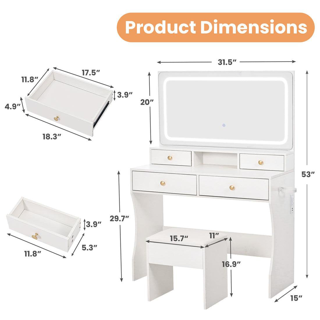 Pamapic 31.5" Vanity Desk with Hidden Storage Stool & 4 Drawers