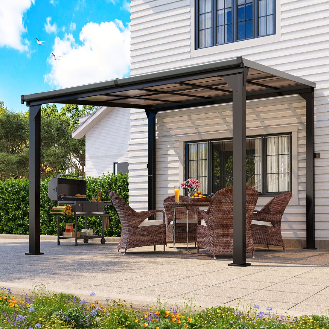 Pamapic Hardtop Lean to Gazebo with Polycarbonate Roof for patio, Deck