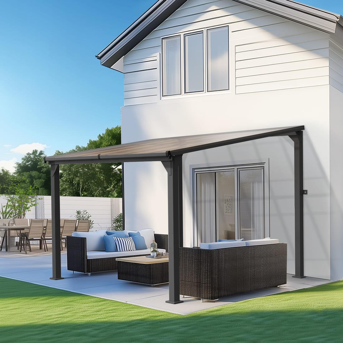 Pamapic Hardtop Lean to Gazebo with Polycarbonate Roof for patio, Deck