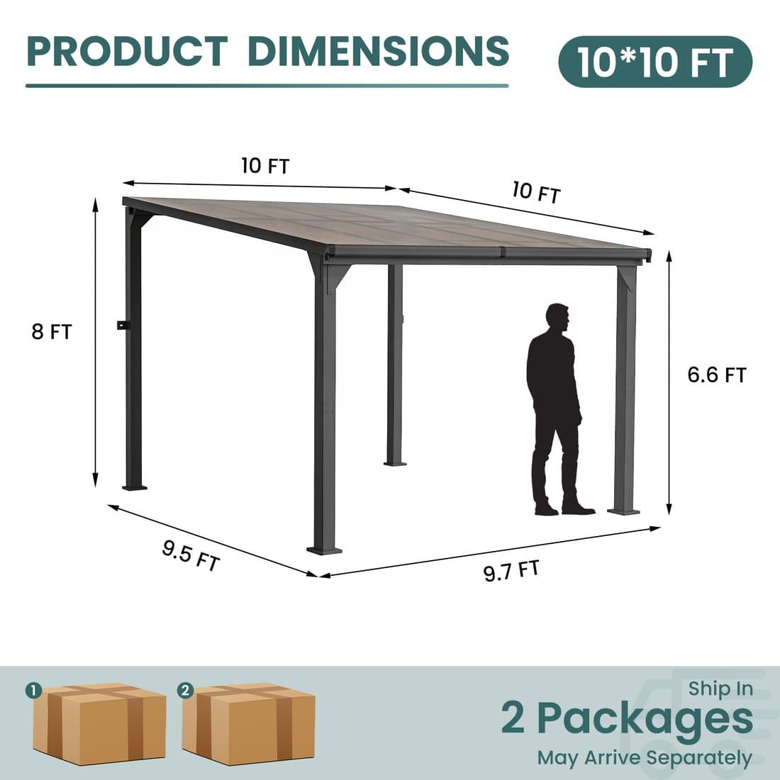 Pamapic Hardtop Lean to Gazebo with Polycarbonate Roof for patio, Deck