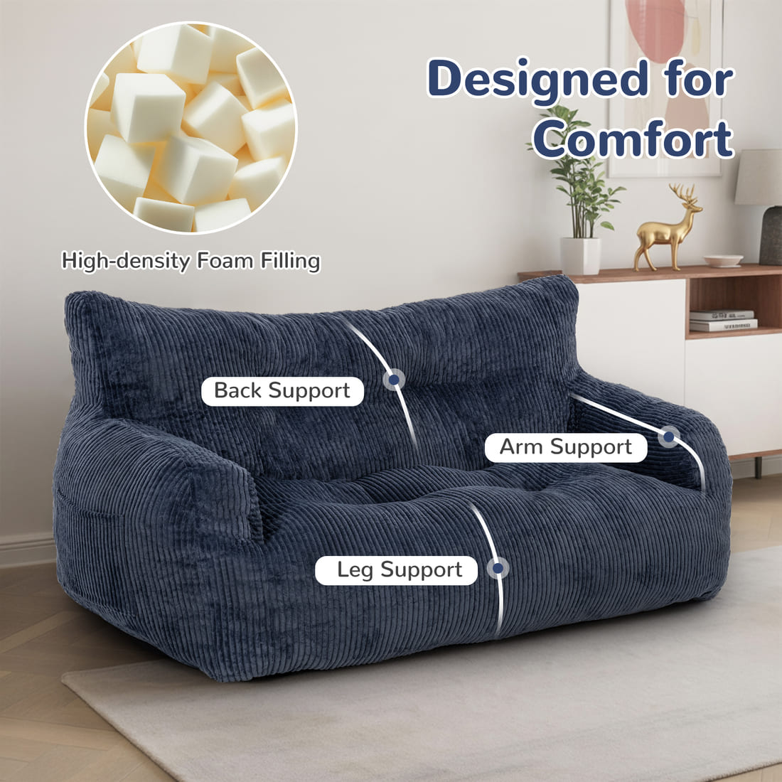 Pamapic 2-Seat Structured Big Bean Bag Chairs for Adult