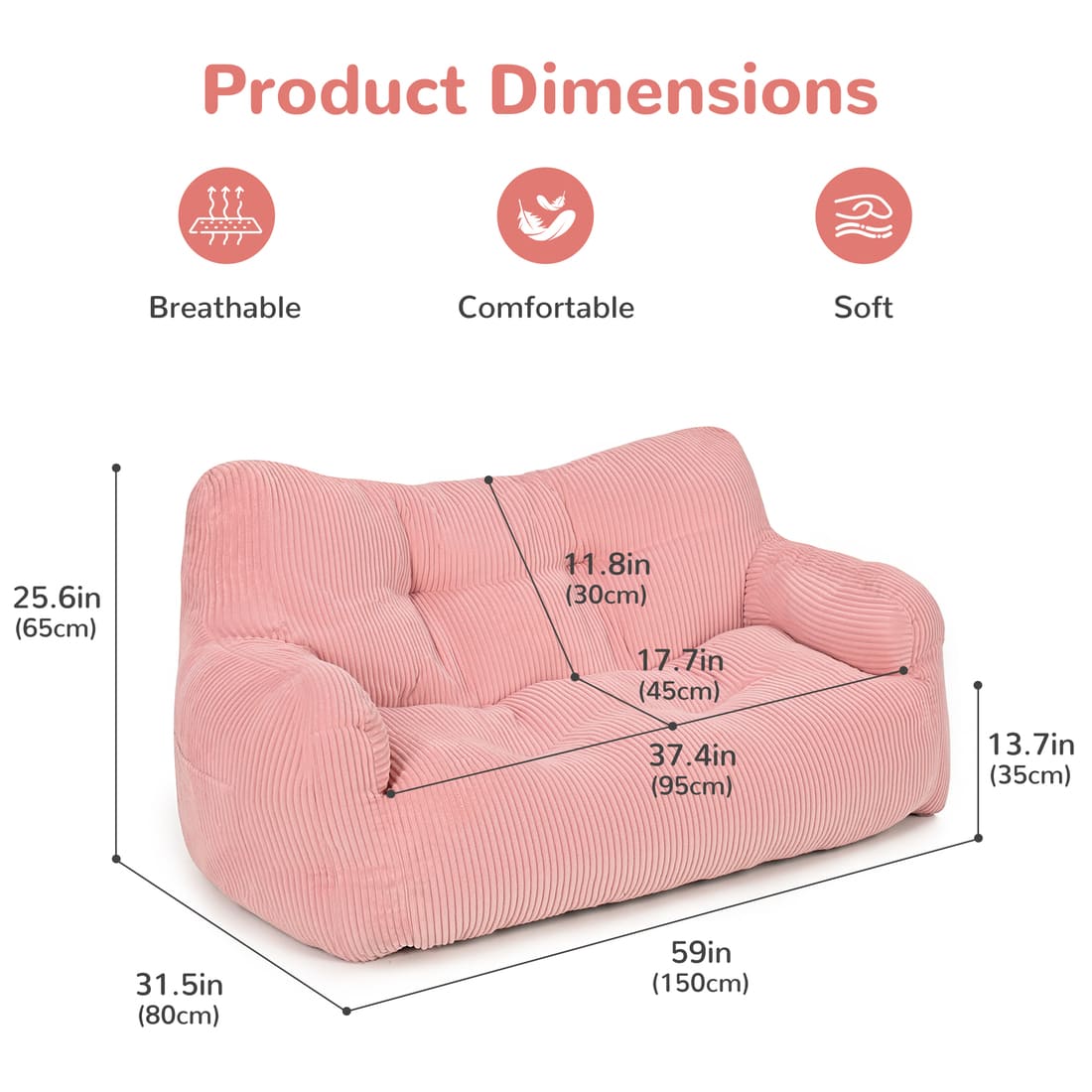 Pamapic 2-Seat Structured Big Bean Bag Chairs for Adult