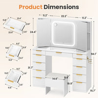 Pamapic 11 Drawers Vanity Desk with Mirror & Glass Top, White