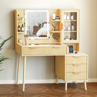 Pamapic Girls Vanity Desk with Mirror & 5 Drawers, Natural Oak