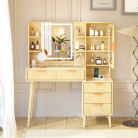 Pamapic Girls Vanity Desk with Mirror & 5 Drawers, Natural Oak
