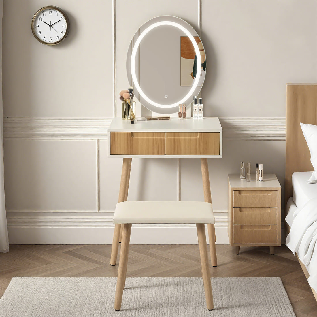 Small Makeup Vanity Table with Round LED Mirror & Cushioned Stool for Living Room, Bedroom