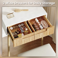 Small Makeup Vanity Table with Round LED Mirror & Cushioned Stool for Living Room, Bedroom