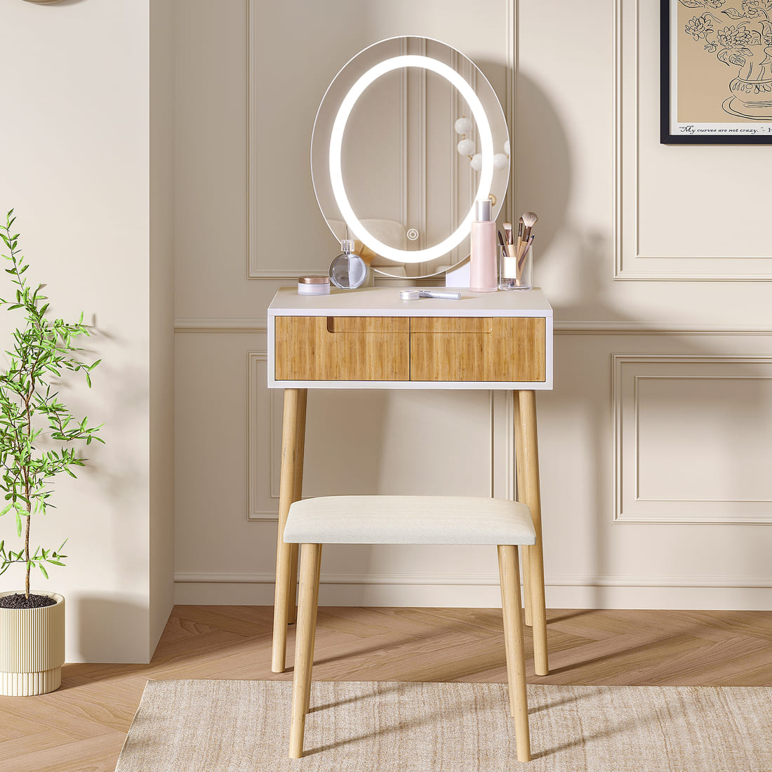 Small Makeup Vanity Table with Round LED Mirror & Cushioned Stool for Living Room, Bedroom