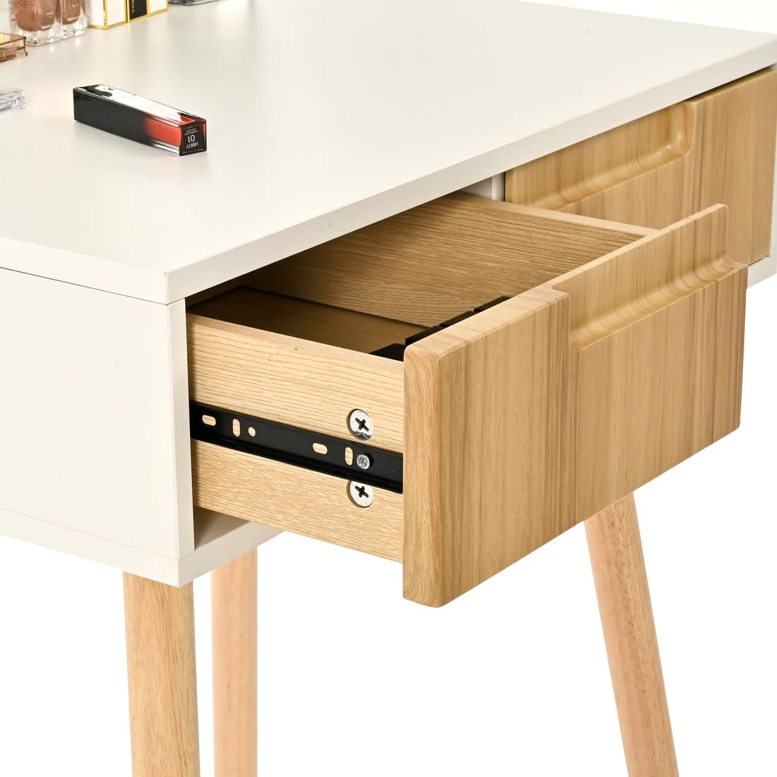 Small Makeup Vanity Table with Round LED Mirror & Cushioned Stool for Living Room, Bedroom