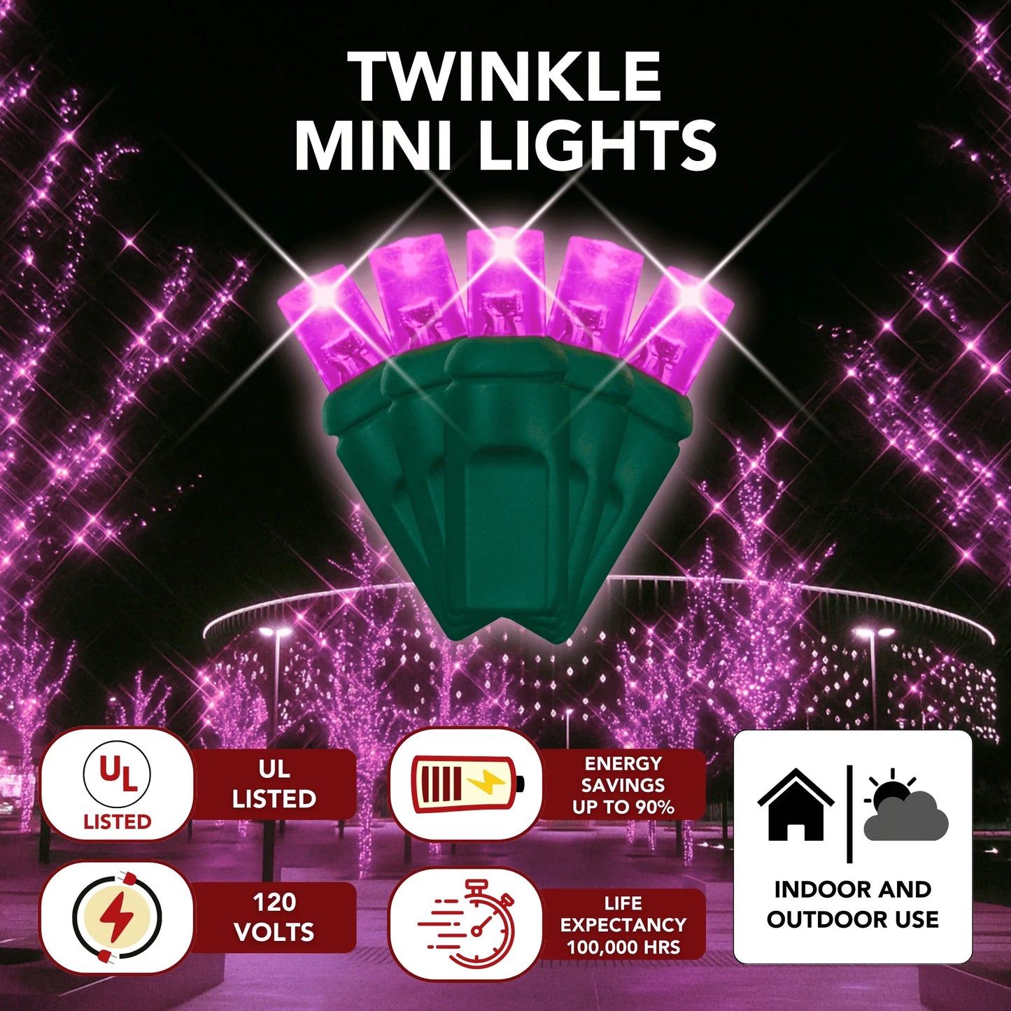 LED Mini Lights 5MM Pink Twinkle Green Wire - 6" Spacing