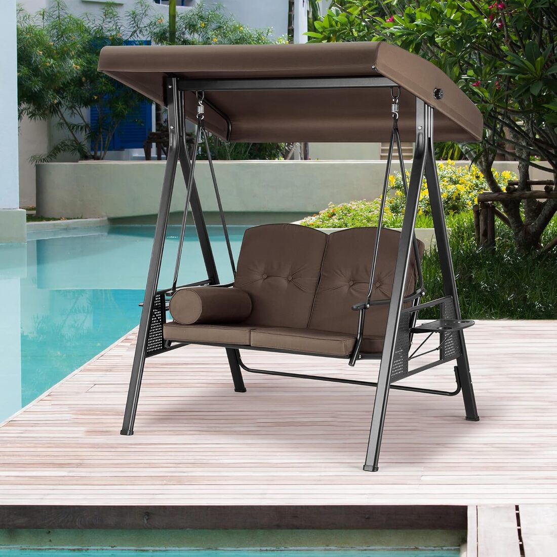 Pamapic 2-Seat Patio Swing Chair with Stand & Adjustable Canopy
