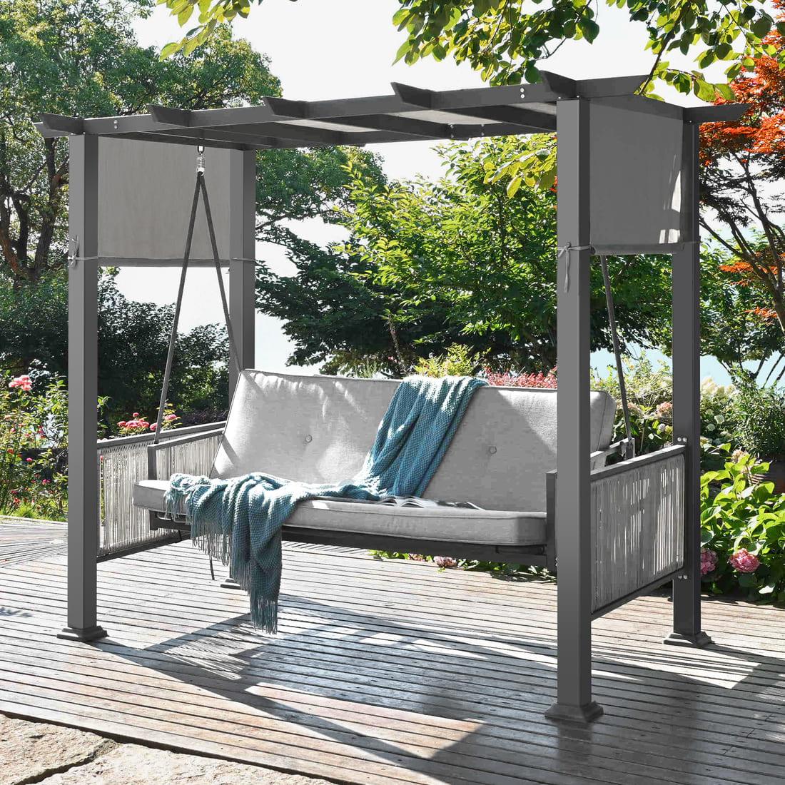 Pamapic 3-Seat Outdoor Metal Pergola Porch Swing Bed with Stand & Cushion, Gray