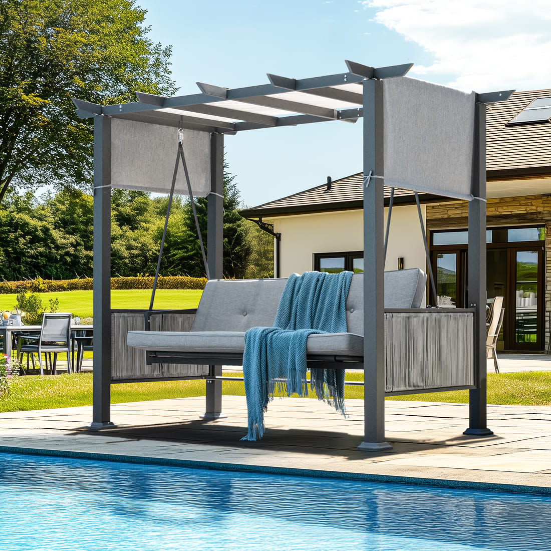 Pamapic 3-Seat Outdoor Metal Pergola Porch Swing Bed with Stand & Cushion, Gray