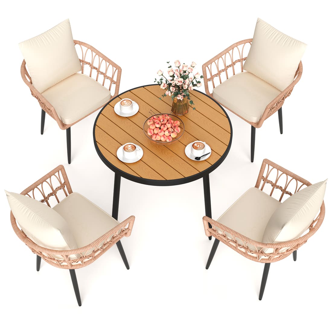 Pamapic Patio Round Dining Set with Wood Table Top & Wicker Rattan Chairs