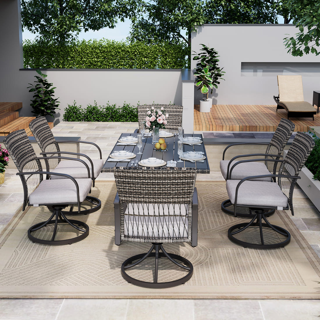Pamapic Dining Table with 6 Swivel Chairs (7 Pieces)