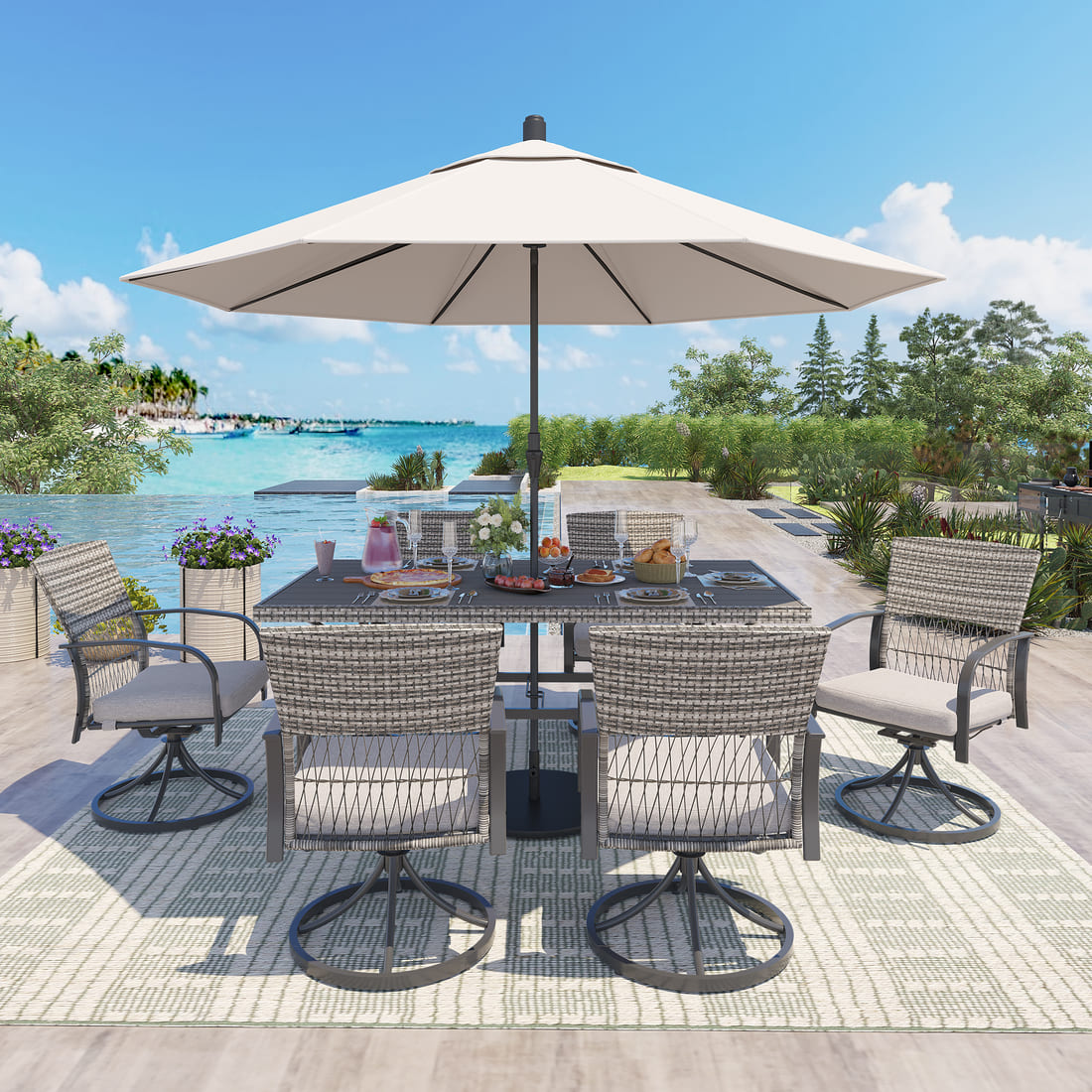 Pamapic Dining Table with 6 Swivel Chairs (7 Pieces)