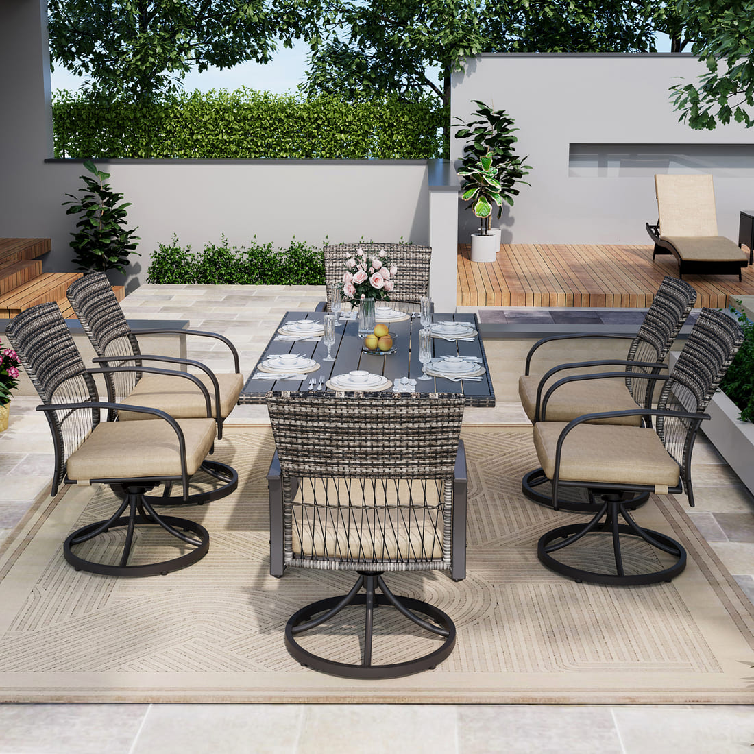 Pamapic Dining Table with 6 Swivel Chairs (7 Pieces)