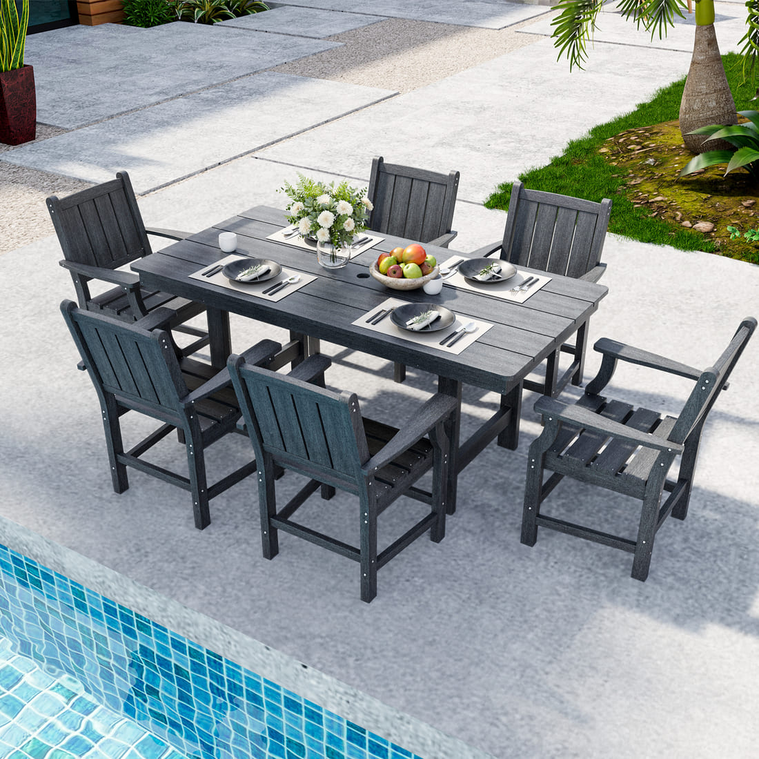 Pamapic HDPE Outdoor Dining Table and Chairs with Umbrella Hole