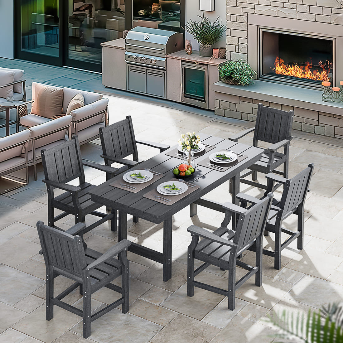 Pamapic HDPE Outdoor Dining Table and Chairs with Umbrella Hole